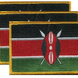 Pack of 3 Kenya Patches 3.50" x 2.25", Three International Embroidered Iron On or Sew On Flag Patch Emblems