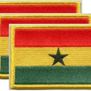 May include: Three embroidered patches featuring the flag of Ghana. Each rectangular patch has horizontal stripes of red, yellow, and green, with a black star in the center of the yellow stripe. The patches have a yellow border.