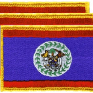 May include: Three embroidered patches featuring the flag of Belize. Each patch has a blue field with a central emblem, red borders, and a gold fringe. The Belize flag emblem includes figures and a wreath.