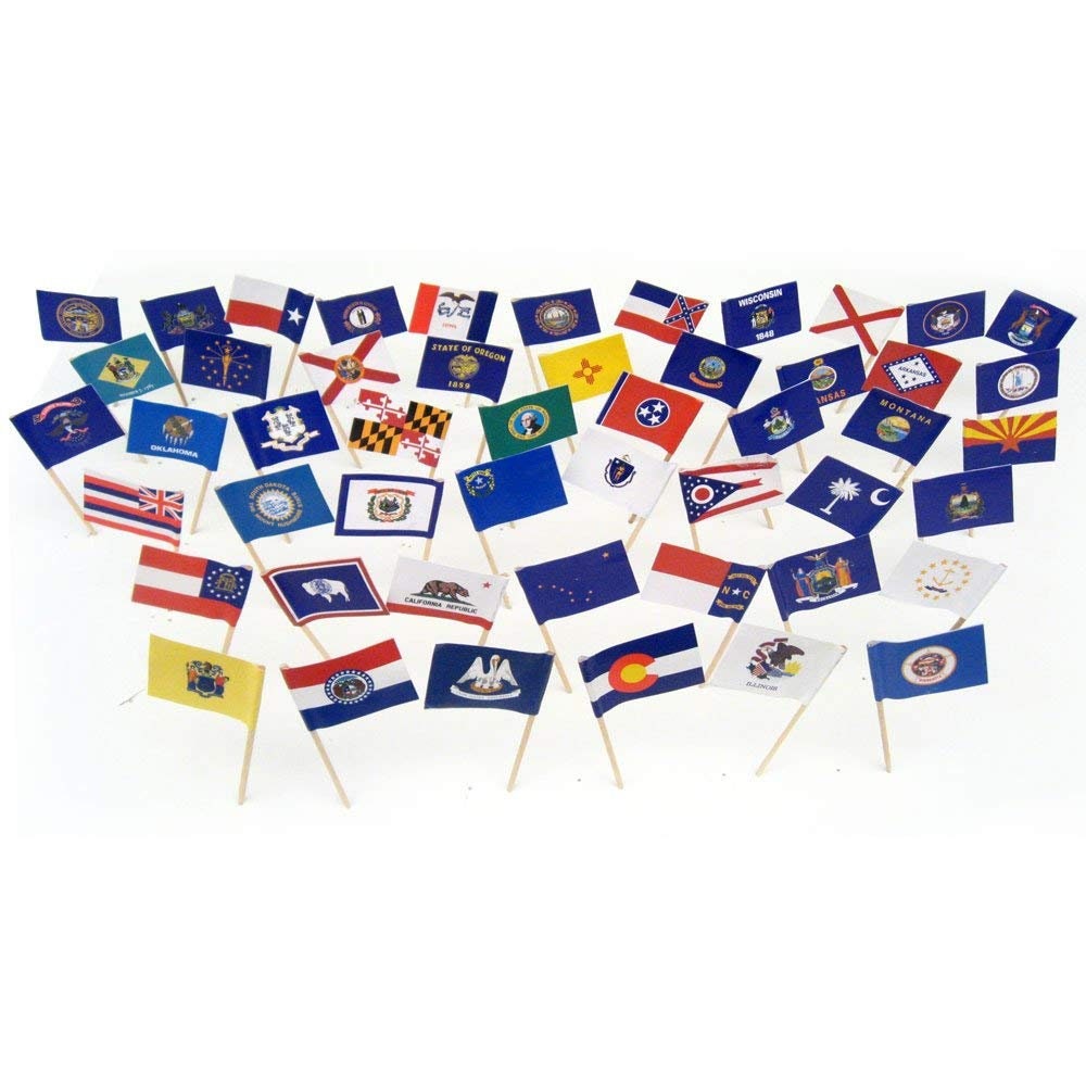 100 Assorted State Toothpick Flags, Contains 2 Flags for Each US State; Small Mini State Flag Cupcake Toothpicks or Cocktail Picks