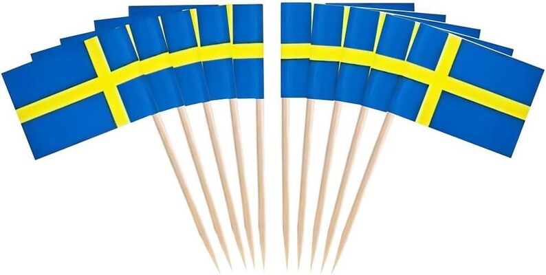 Adornos para cupcakes con la bandera sueca, palillos para cócteles, decoración para fiestas (paquete de 100) imagen 1