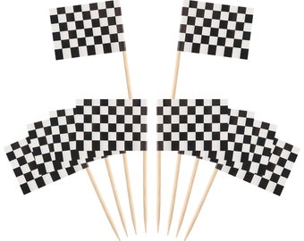 100 Black and White Racing Cupcake Toothpick Flags, 100 Small Mini Black and White Checkered Flag Cupcake Toothpicks or Cocktail Picks