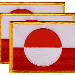 May include: Three rectangular embroidered patches featuring the flag of Greenland. Each patch has a red and white design with a large red semi-circle over a white semi-circle. The patches are bordered with gold thread.