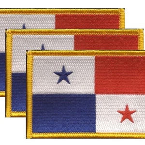 May include: Embroidered patches featuring the flag of Panama. Each patch has a rectangular shape with a gold border. The flag design includes a white field with a blue star, a red field, and a blue and red field.