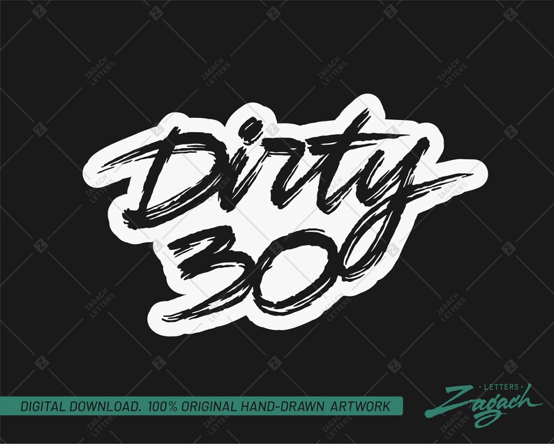 May include: Black and white hand-drawn illustration of the words "Dirty 300" in a bold, brush-stroke style.