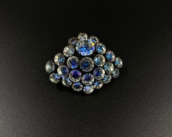 Vintage broche, blauwe strass steentjes, glaskristallen, sjaalhouder, zwarte broche met blauwe stenen, Moederdagcadeau