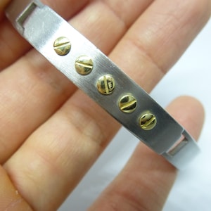 Stainless steel bangle with gold 585 embellishment, silver bracelet with 14K gold screws, steel bracelet for men