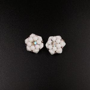70s jewelry, antique white glass ear clips, made in Western Germany, gift for women, flower earrings without hole