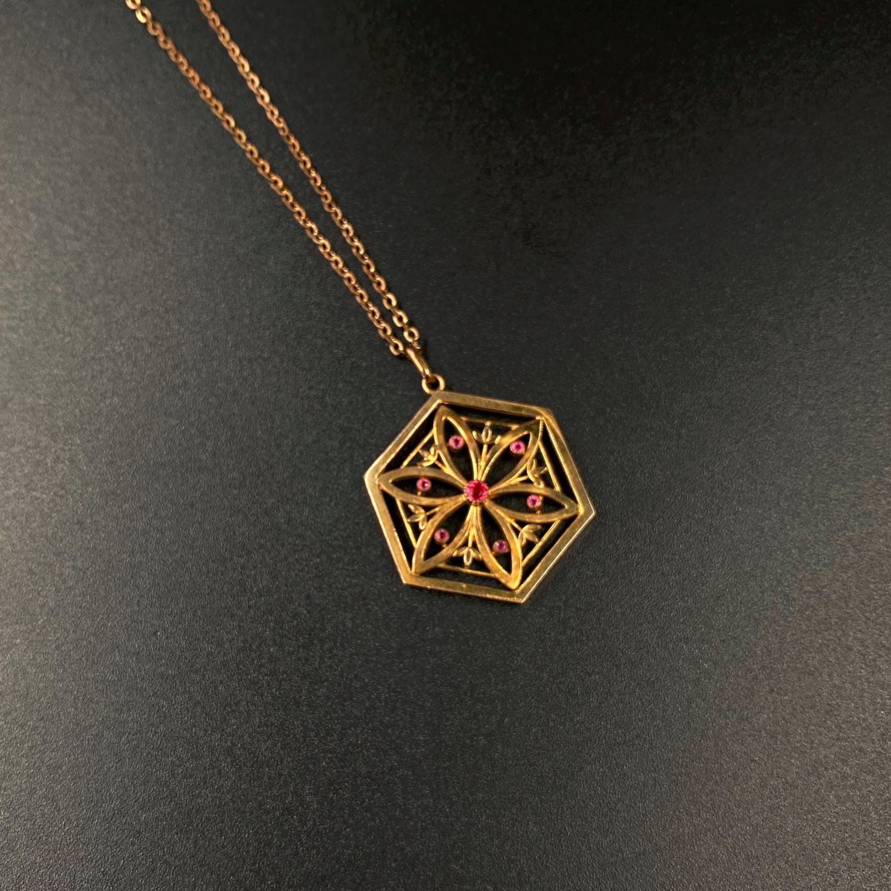 Antique handmade pendant with chain, hexagon, flower with rubies, harmony jewelry, tombac pendant, early 20th century, chain snap closure