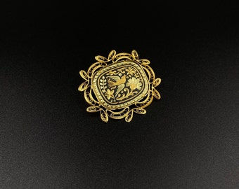 Antique brooch with bird flower motif, black gold etched jewelry, enameled pin, damascene jewelry, anniversary gift
