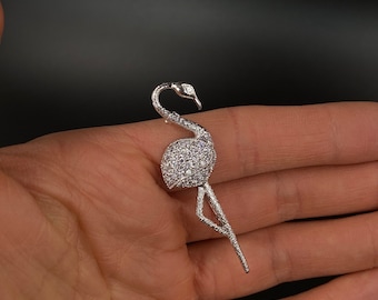 Kristallen flamingo broche, zilveren 925 DGCZ pin met strass zirkonia, zilveren broche, elegante vogelpin