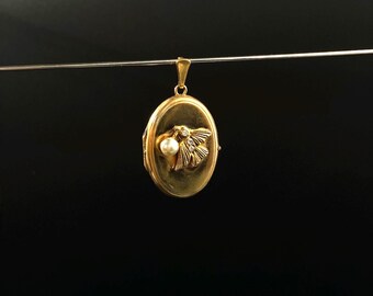 Antique gilded amulet with opening picture, locket with 2 war scenes with bird, crystals and pearl, photo pendant, handmade