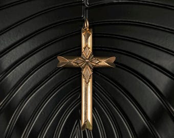 Religious cross pendant, retro crucifix from the 20th century. Christian symbolic jewelry, gift for baptism, Jesus cross, gold-look cross