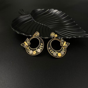 Orecchini a clip vintage damascena spagnoli, orecchini rotondi in oro con farfalle, grandi orecchini a clip pendenti con chiusura a vite, gioielli Toledo