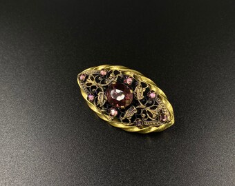 Spilla vintage in oro con strass viola, cristalli di vetro, foglie di fiori, porta sciarpa, 187 zirconi