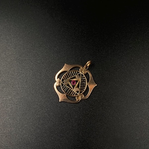 May include: A gold-colored pendant with a floral design. The pendant features a central triangle with a small red gemstone, surrounded by a circular pattern and decorative outer edges. The pendant has a small loop for a chain.