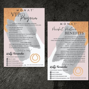 Puede incluir: Un folleto rosa y gris con detalles dorados que anuncia un programa VIP para los productos de cuidado del cabello Monat. El folleto incluye una lista de beneficios por unirse al programa, como descuentos, envío gratuito y acceso a productos exclusivos. El folleto también incluye información de contacto para un socio de mercado independiente.