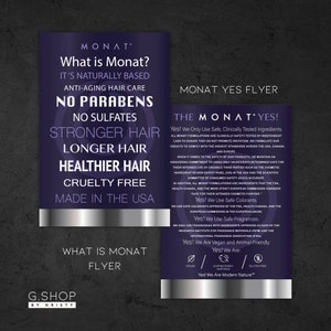 ¿Qué es Monat Flyer, Monat Yes Card, Monat Haircare Info Card, Monat Vendor show Card, Monat flyer, Imprimible, 4x6?