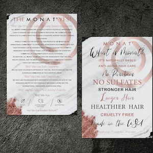 Monat YES tarjeta, ¿Qué es Monat Flyer, Monat Haircare Info Card, Monat Vendor show Card, Monat Marble, Imprimible, 4x6