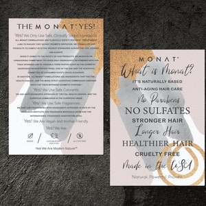 ¿Qué es Monat Flyer, Monat YES Card, Monat Haircare Info Card, Monat Vendor show Card, Monat, Imprimible, 4x6