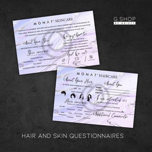 Monat-vragenlijst, over je haarvragenlijst, paarse haarverzorgingquiz, haarverzorgingsinfokaart, huidverzorgingsvragenlijst, afdrukbaar