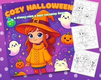 Cozy Halloween Coloring Book, Cute Spooky Witchy Pages (Printable)
