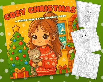 Può includere: Un libro da colorare "Cozy Christmas" con una ragazza dei cartoni animati che tiene un gatto grigio, con un maglione rosso. La copertina presenta un albero di Natale e dei regali. Include tre pagine da colorare con scene invernali. Testo: "A Stress-Free & Easy Coloring Book".