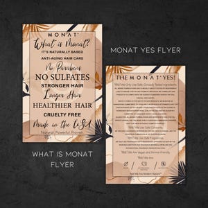 ¿Qué es Monat Flyer, Monat YES Card, Monat Haircare Info Card, Monat Vendor show Card, Orange Monat, Imprimible, 4x6?