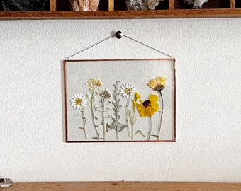 REAL PRESSED WILDFLOWERS |  hand made pressed yellow wildflower meadow wall hang picture frame |nature,copper,glass,home decor