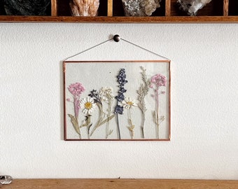 REAL PRESSED WILDFLOWERS |  hand made pressed wildflower meadow wall hang picture frame |nature,copper,glass,home decor
