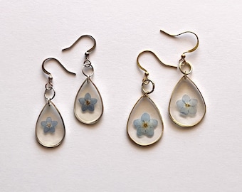 REAL FORGETMENOT EARRINGS | real pressed forget me not flowers silver gold necklace earrings teardrop circle