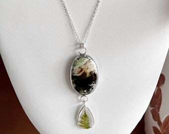 Chrome chalcedony stone with real pressed fern necklace