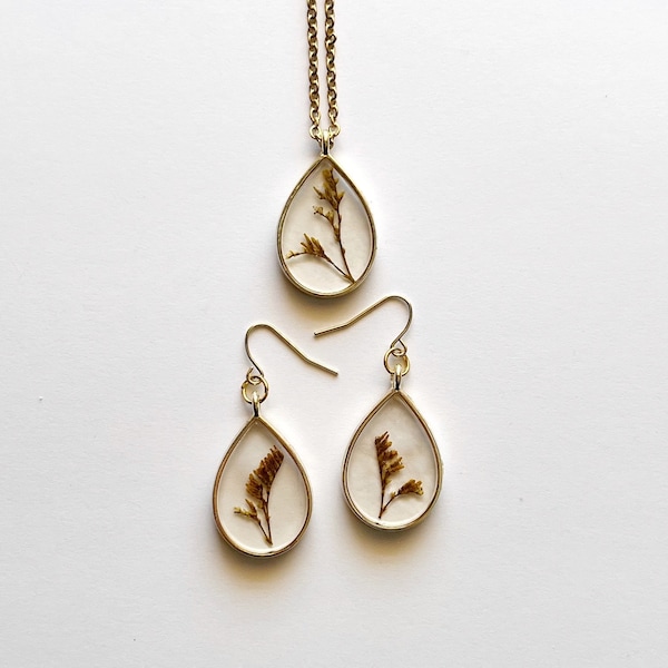 REAL FLOWER JEWELRY| real pressed goldenrod necklace & earrings