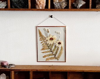 REAL PRESSED FLOWERS |  hand made pressed wildflowers wall hang picture frame |nature,copper,glass,home decor