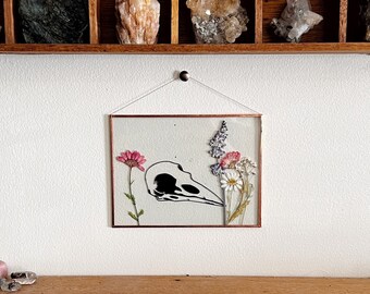 REAL PRESSED FLOWERS |  hand made pressed flowers with bird skull wall hang picture frame |nature,copper,glass,home decor