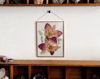 REAL PRESSED FLOWERS |  hand made pressed orchids wall hang picture frame |nature,copper,glass,home decor