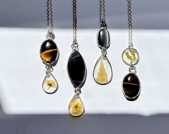 REAL FLOWER | crystal pendants with real pressed flowers tigers eye cats eye wild sage fern white wildflowers