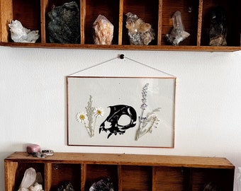 REAL PRESSED FLOWERS |  hand made pressed wildflowers and animal skull wall hang picture frame |nature,copper,glass,home decor