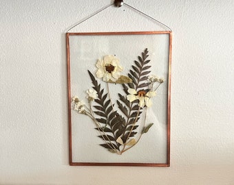 REAL FLOWERS | hand made pressed ferns and wildflowers wall hang picture frame |nature,copper,glass,home decor