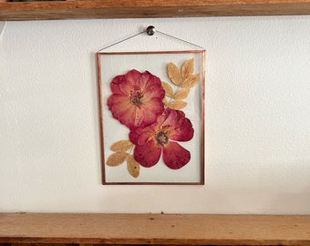 REAL FLOWERS |  hand made pressed red roses wall hang picture frame |nature,copper,glass,home decor