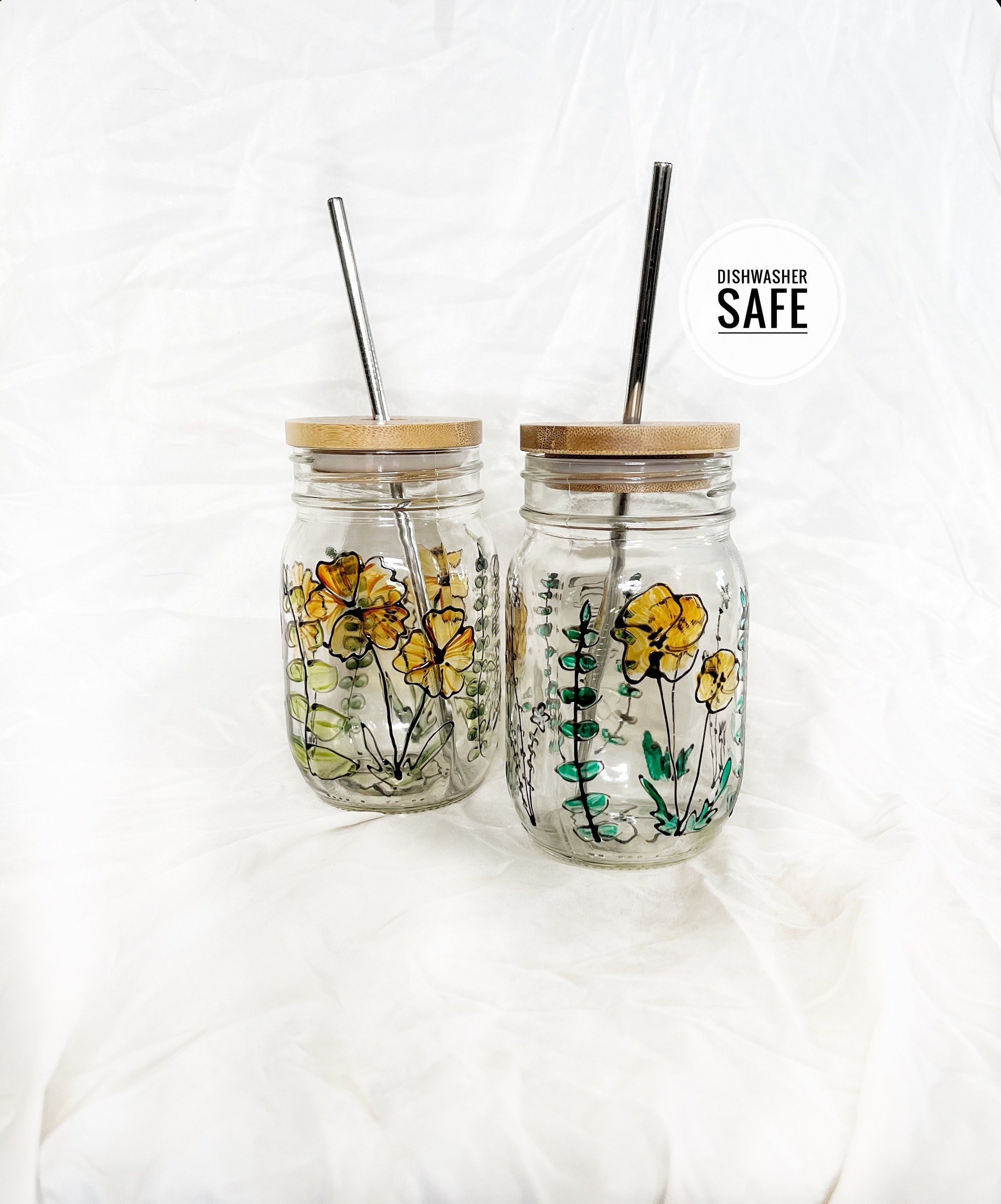 Hand painted dishwasher safe mason jar tumbler wildflowers