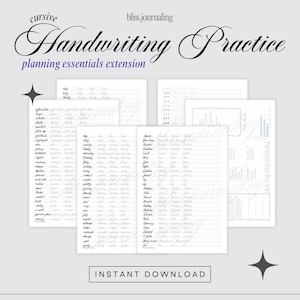 Puede incluir: Hojas de práctica de escritura cursiva con el texto "Handwriting Practice" y "planning essentials extension". Las hojas incluyen páginas con líneas para practicar letras y palabras, con las palabras "Instant Download" en la parte inferior.