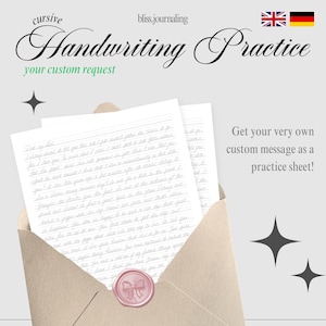 Könnte beinhalten: Ein Übungsblatt für Handschrift mit dem Text "Handwriting Practice" und "your custom request". Das Blatt befindet sich in einem beigefarbenen Umschlag, der mit einem rosa Wachssiegel verschlossen ist. Der Text "Get your very own custom message as a practice sheet!" ist ebenfalls sichtbar.