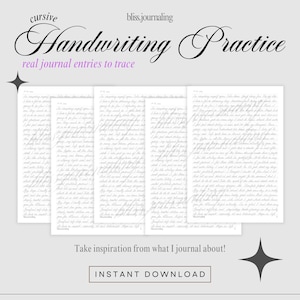 Peut inclure: Téléchargement numérique de feuilles d'entraînement à l'écriture cursive. Les feuilles présentent de vraies entrées de journal à tracer, avec les mots "cursive Handwriting Practice" en haut. Le texte "Inspirez-vous de ce que j'écris dans mon journal !" est également inclus.