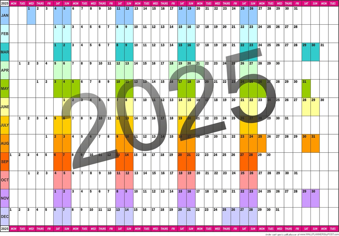 2025 Colour Coded Wallplanner Available in 4 Sizes Ideal for Etsy