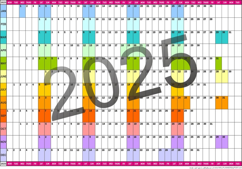 2025 Colour Coded Wallplanner Available in 4 Sizes Ideal for Etsy