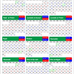 Islamic Hijri Wall Calendar 1445 AH With Colour Coded Gregorian Dates DIGITAL DOWNLOAD Version 