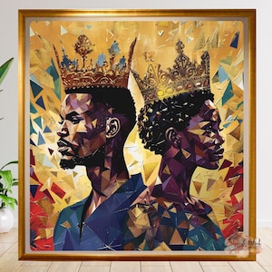 Black Royalty Art, Geometric King & Queen Portrait, Black Art, Luxury Wall Décor, Digital Download, Afrocentric Art, Gift For Couple