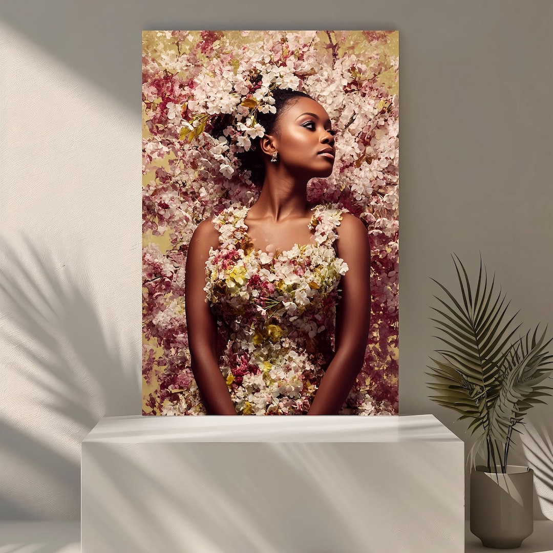 Afrocentric Floral Canvas Wall Art – Black Woman Portrait in Blossoms ...