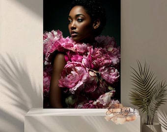Afrocentric Floral Empress Wall Art | Black Woman Portrait with Pink Blossoms | Digital Download African American Fine Art Print